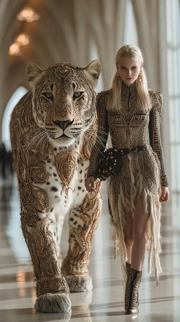A blonde woman in a gold, ornate dress walks beside a large leopard, both adorned in intricate gold detailing.  The setting is a grand, marble hallway. The woman's dress features a geometric pattern and frayed edges, while the leopard's coat is seemingly overlaid with golden armor. The overall aesthetic is luxurious and fantastical.