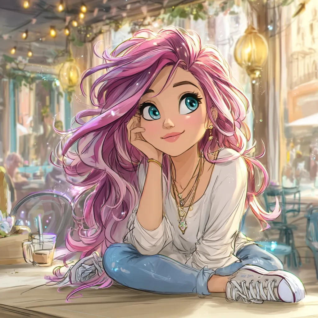A charming anime-style girl with long, wavy pink hair sits at an outdoor cafe table.  She's wearing a white long-sleeved shirt, blue jeans, and Converse sneakers.  Her large, expressive blue eyes gaze dreamily into the distance as she rests her chin on her hand.  The cafe setting is warm and inviting, with string lights and a blurred background suggesting a bustling atmosphere.  A drink sits on the table beside her.