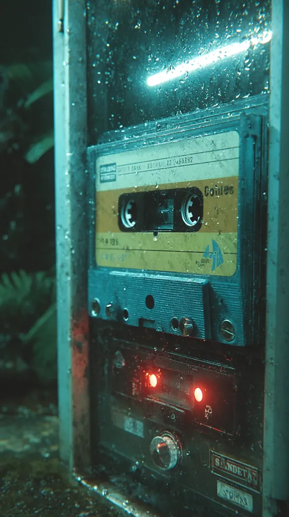 A rain-soaked cassette player sits outdoors, water droplets clinging to its surface.  A partially visible audio cassette is inserted, its label showing partial text.  The player's casing is metallic, showing signs of wear.  Red indicator lights glow faintly from within the machine. The scene has a dark, moody, and slightly cyberpunk aesthetic.