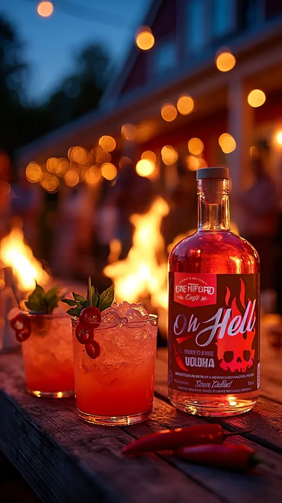 Two vibrant red cocktails garnished with chili peppers sit on a rustic wooden table.  A bottle of "Oh Hell" vodka, with a fiery label, is prominently featured. The backdrop is a blurred outdoor scene at twilight, with warm string lights and a bonfire adding to the ambiance of a festive gathering.  The overall mood is one of relaxed outdoor enjoyment.
