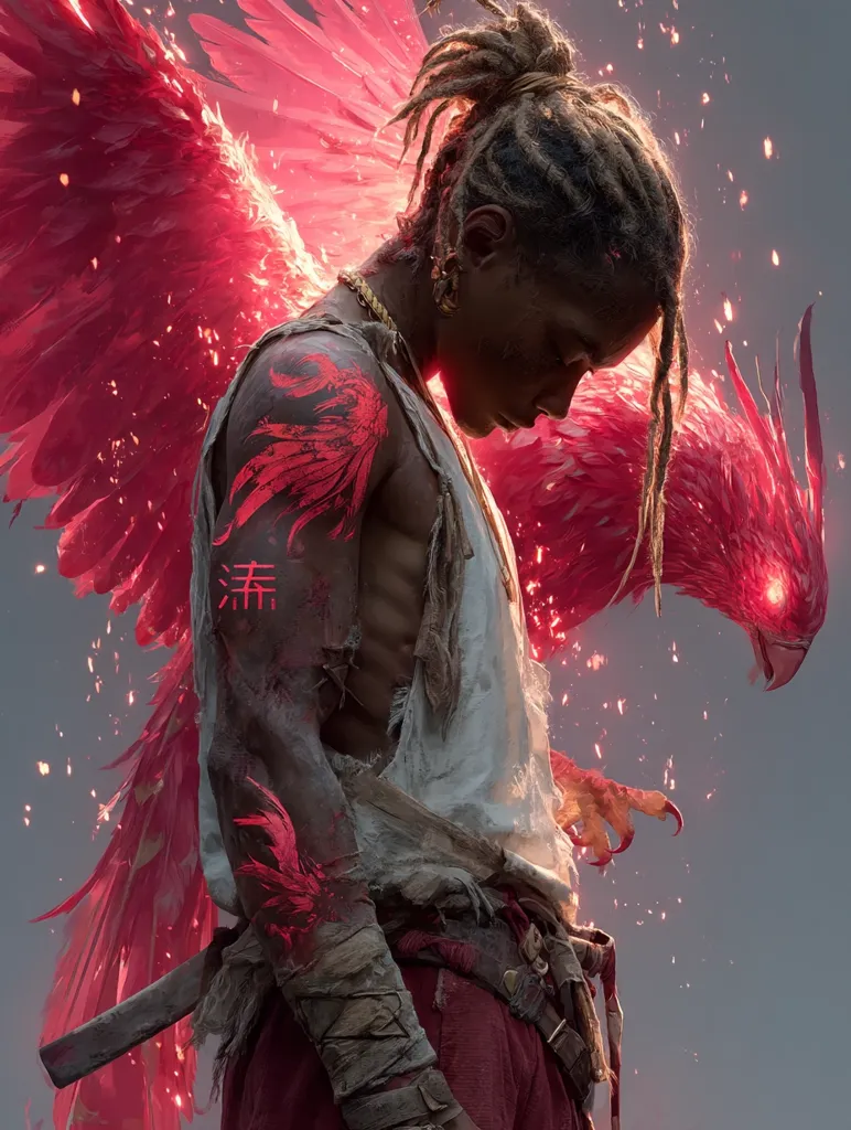 A digital painting depicts a muscular young man with dreadlocks, adorned with a red phoenix tattoo and wearing tattered red and white clothing. He stands with his head bowed, seemingly burdened.  A large, fiery red phoenix with glowing eyes spreads its wings behind him, particles of light and embers swirling around them. The scene is dramatic and evocative, hinting at a powerful connection between man and mythical creature.
