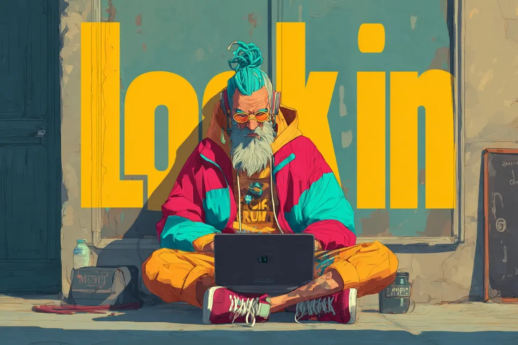 A vibrant digital painting depicts a stylish older man with teal hair in a bun, sitting cross-legged on a sidewalk. He wears a colorful jacket and uses a laptop.  The background features a large, yellow "Lockin" sign on a weathered wall. The overall style is bold and contemporary, blending futuristic elements with a retro aesthetic.  He wears red sneakers and has a relaxed, yet focused expression.