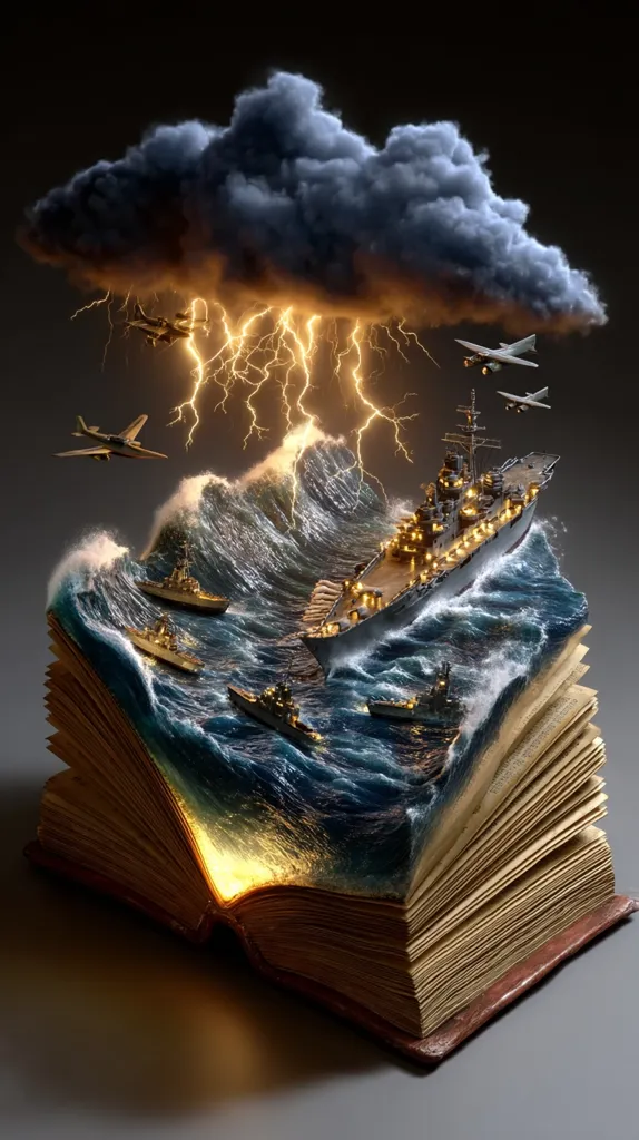A dramatic digital artwork depicts a naval battle unfolding from the pages of an open book.  A large warship dominates the scene, surrounded by smaller vessels amidst turbulent waves and a stormy sky.  Lightning flashes illuminate the conflict, while airplanes soar above. The scene evokes a sense of power and storytelling, merging fantasy and reality.