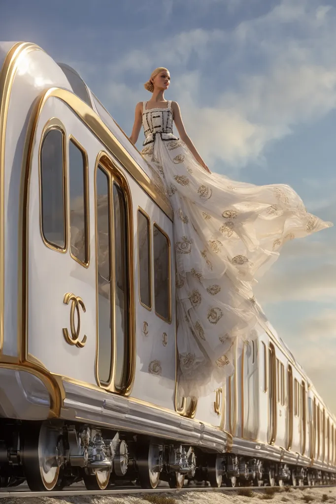 A blonde woman in a flowing, ornate white gown stands atop a luxurious, white and gold train.  The train is long and elegant, with large windows and gold detailing. The Chanel logo is prominently displayed on the train's side. The scene is set against a bright, sunny sky. The overall image evokes a sense of opulence and fantasy.