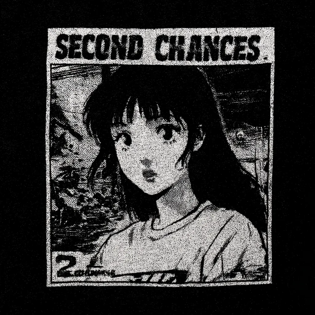 A black and white image features a stylized anime-style girl, depicted in a grainy, textured print.  The illustration is framed with a bold border, above which the words "SECOND CHANCES" are prominently displayed.  The girl's expression is pensive, and the background suggests a scene of urban decay or chaos. The overall aesthetic is dark and slightly melancholic, reminiscent of manga or graphic novel art.  A small "2" is visible in the lower left corner of the frame.