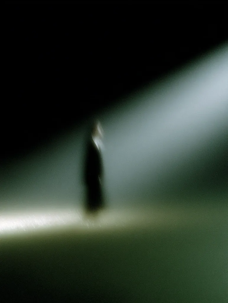 A blurred image depicts a solitary, dark figure standing in a dimly lit space.  A bright, diagonal beam of light illuminates the scene, creating a stark contrast between the figure and the background. The overall mood is mysterious and somewhat desolate, with the figure appearing small and isolated within the vastness of the space. The focus is intentionally soft, adding to the ethereal quality of the image.