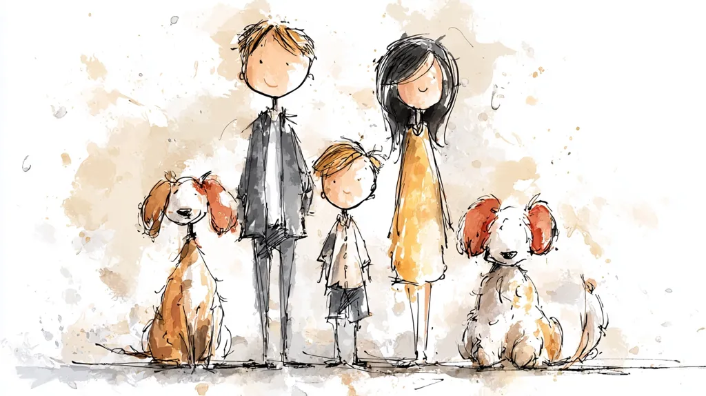 A whimsical watercolor illustration depicts a family portrait.  A stylized father and mother stand flanking their son, each with simple features and loose clothing. Two dogs, one brown and one white with orange ears, sit beside them. The style is loose and expressive, reminiscent of children's art, with a light and airy background of watercolors. The overall mood is happy and charming.