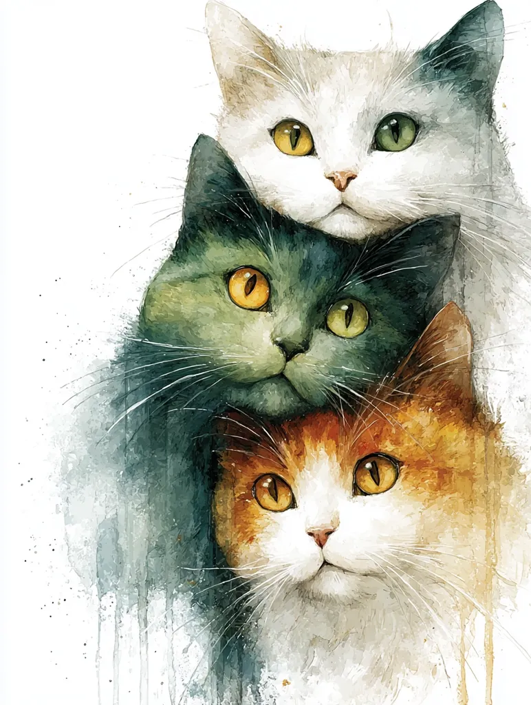 A watercolor painting depicts three cats stacked vertically.  The top cat is white with gray markings, the middle cat is dark teal, and the bottom cat is orange and white.  Their large, expressive eyes are the focal point, surrounded by soft, blended watercolor washes that create a dreamy effect.  The painting uses drips and splashes to add texture and depth.