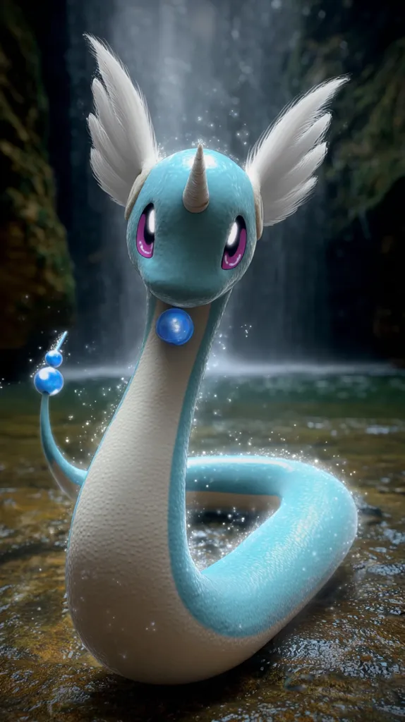 A digital rendering of Milotic, a Pokémon, is shown.  The serpentine Pokémon is light blue and white, with feathery white ear-like protrusions.  It possesses a single horn and luminous blue orbs on its tail.  Milotic is depicted near a waterfall, sparkling particles surrounding it, creating a magical ambiance. The background is dark and blurred, focusing attention on the Pokémon.