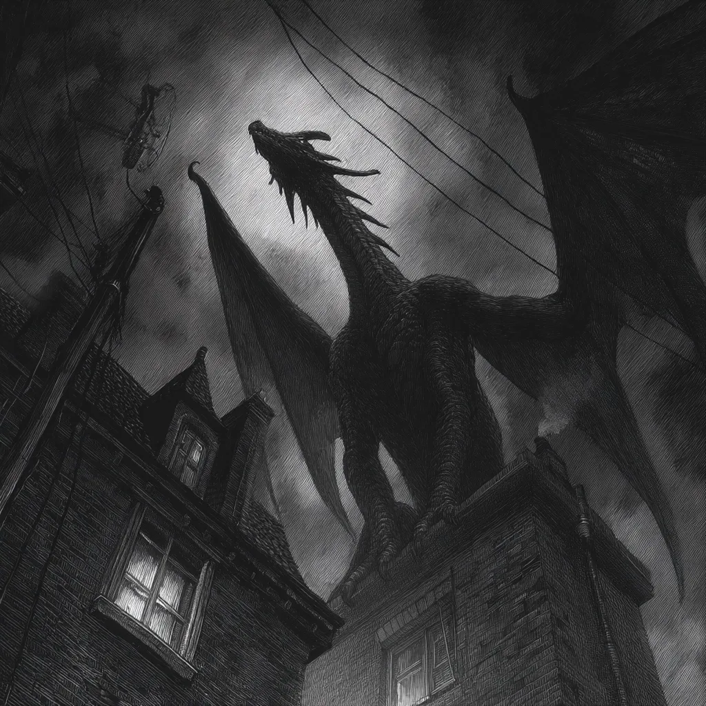 A monstrous, black dragon perches atop a building, its immense wings overshadowing the urban scene below.  The dragon's head is tilted upwards, silhouetted against a dark, stormy sky.  The monochromatic artwork uses shading and texture to create a sense of foreboding and scale, emphasizing the dragon's dominance over the small, brick buildings.  Power lines stretch across the gloomy sky, adding to the unsettling atmosphere.