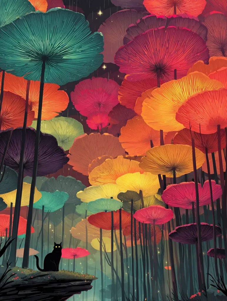 A black cat sits perched on a rock, observing a surreal forest.  Towering, vibrant mushrooms of various colors and sizes create a whimsical, dreamlike atmosphere. The mushrooms' hues range from deep reds and oranges to teals and yellows, under a dark, starry night sky.  The scene is both fantastical and peaceful.