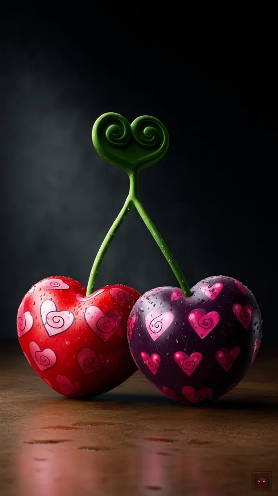 Two heart-shaped cherries, one red and one purple, are depicted.  Both are adorned with smaller pink hearts and water droplets.  They're connected by a green stem shaped like a heart. The cherries rest on a dark, reflective wooden surface against a black background.  The overall image is romantic and stylized.