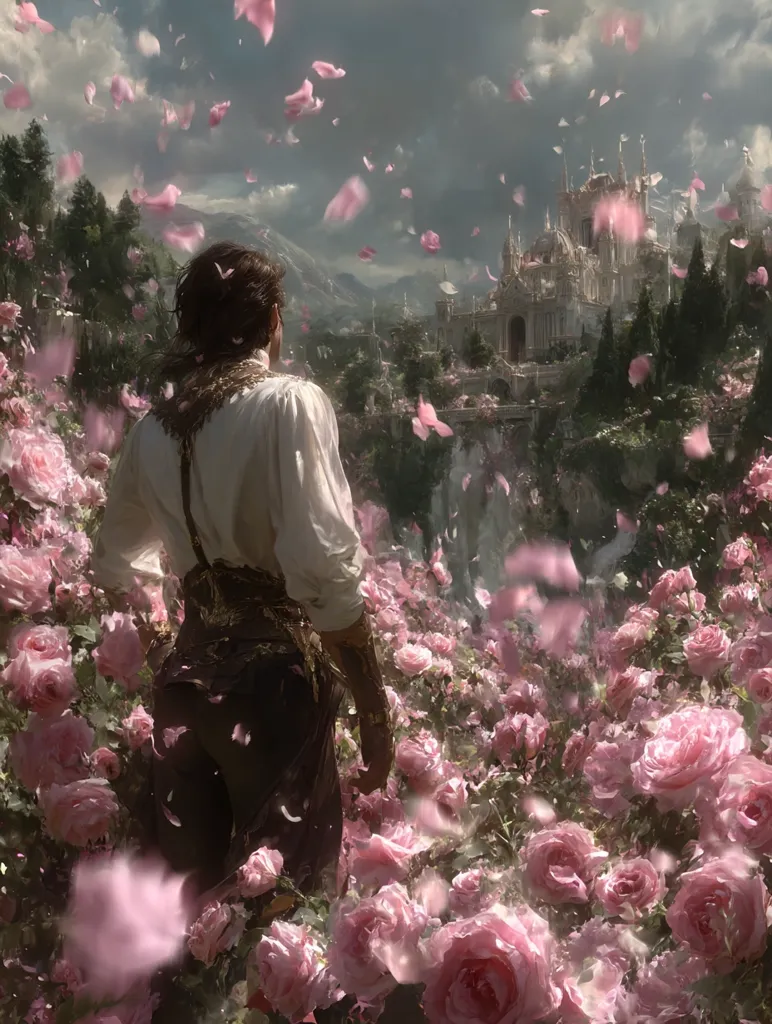 A person in antique clothing stands amidst a breathtaking field of pink roses, their back to the viewer.  Falling petals drift through the air, creating a magical atmosphere. In the distance, a grand, light-colored castle sits atop a hill, partially obscured by lush greenery and cascading water. The scene evokes a sense of fairytale romance and wonder.