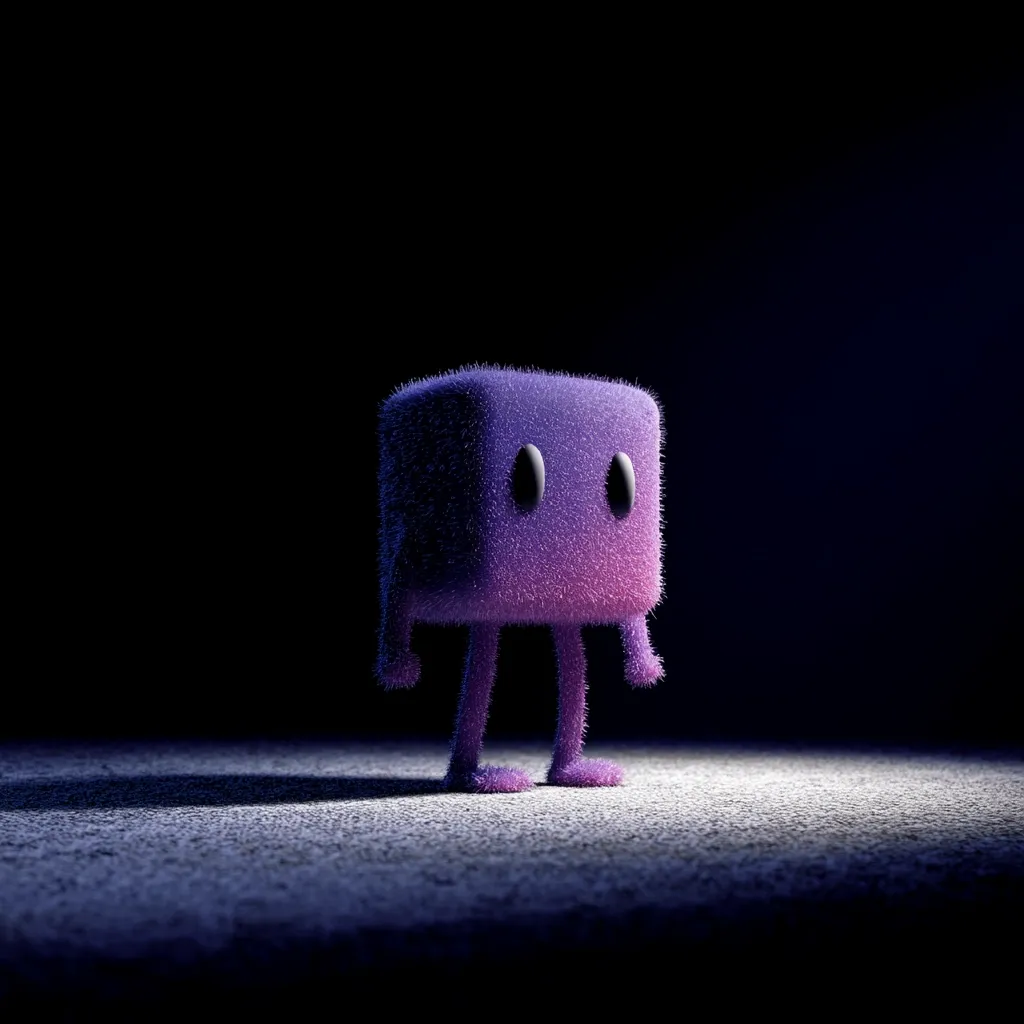 A small, fuzzy, purple cube-shaped creature stands alone in a dimly lit space.  Its simple design features small, dark eyes and stubby legs. The cube's color transitions from a deep purple at the top to a lighter shade at the bottom. The creature appears somewhat lonely in the dark environment, illuminated only by a faint light source.