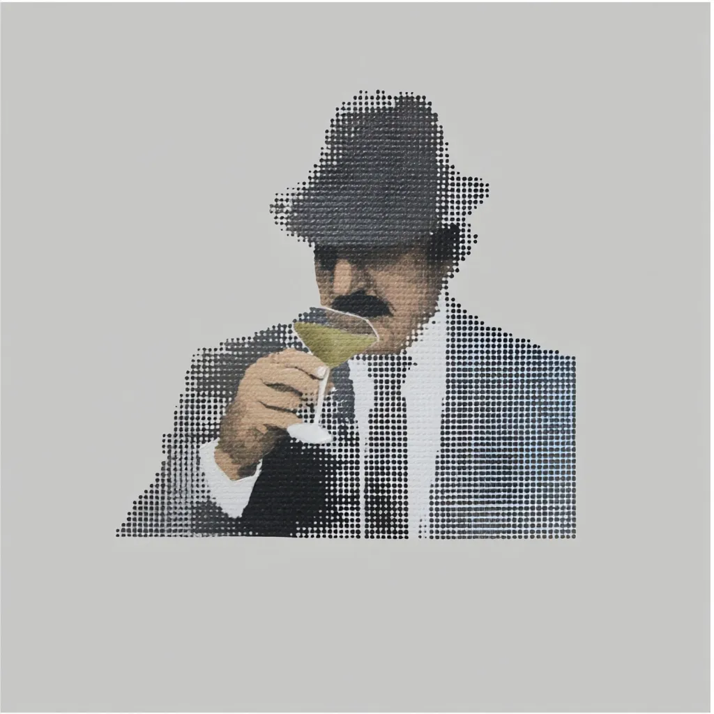 A stylized portrait depicts a man in a suit and fedora, rendered in a pointillist style. He holds a martini glass, suggesting a sophisticated and perhaps slightly mysterious character. The color palette is muted, with grays and blacks dominating the attire, contrasted by the olive-green cocktail. The overall effect is both modern and reminiscent of classic film noir aesthetics.