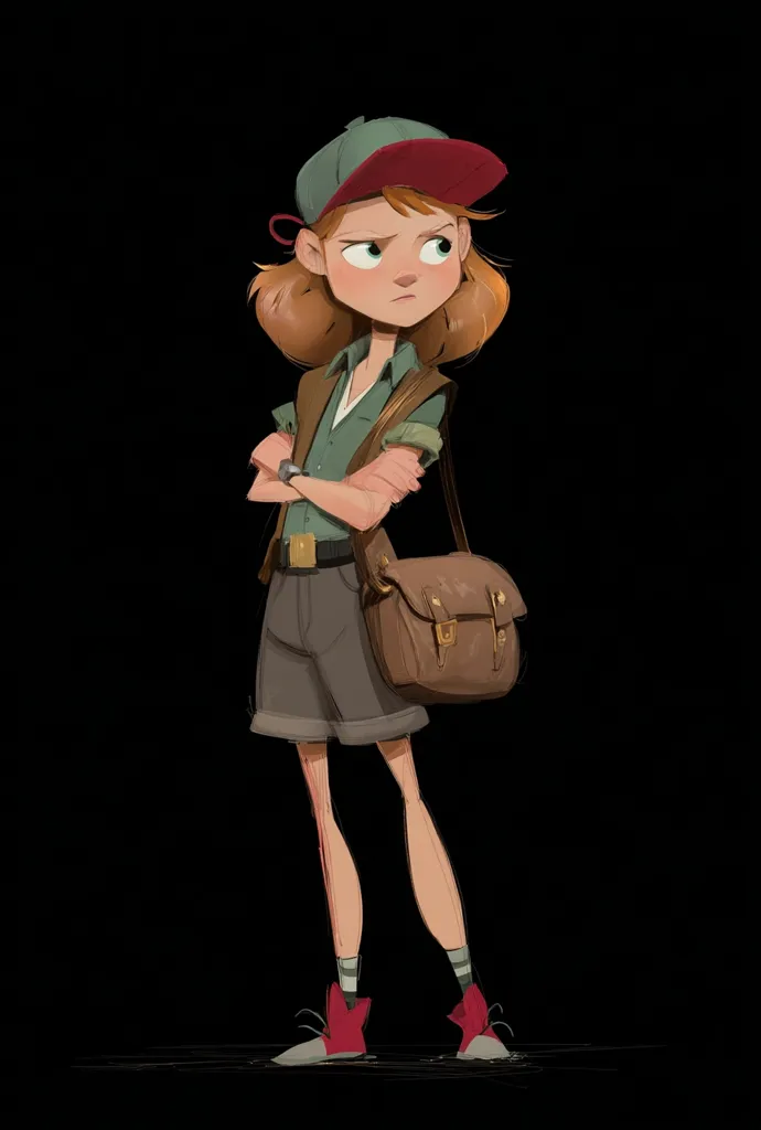 A stylized illustration of a young girl with reddish-brown hair, wearing a green shirt, khaki shorts, a red and green baseball cap, and red shoes. She carries a brown satchel and stands with her arms crossed, appearing serious or perhaps slightly annoyed. The style is reminiscent of cartoon character design, with exaggerated features and soft shading. The background is plain black, focusing attention on the girl.