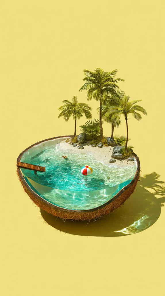 A miniature tropical island scene sits inside a hollowed-out coconut shell.  Palm trees dot a small sandy beach surrounding a turquoise pool of water.  A small inflatable beach ball floats gently in the clear water.  The coconut shell rests on a pale yellow background, creating a surreal and idyllic summer escape.