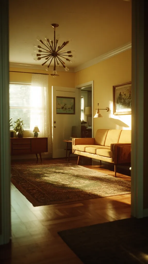 Sunlit living room with mid-century modern furnishings.  A starburst chandelier hangs above a patterned rug.  A tan sofa sits beneath a framed picture, bathed in golden light streaming through a window.  A wooden sideboard holds a lamp, and the walls are a warm yellow. The overall aesthetic is one of calm and retro elegance.