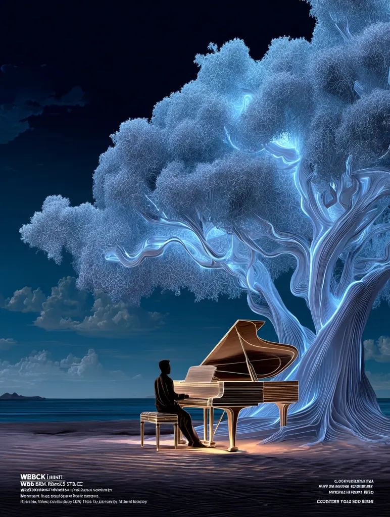 A lone figure sits at a grand piano beneath a luminous, ethereal tree on a tranquil beach.  The tree's branches glow with an otherworldly light, contrasting with the dark night sky and calm ocean. The scene is surreal and peaceful, suggesting a moment of quiet contemplation and artistic expression. The overall mood is serene and dreamlike.
