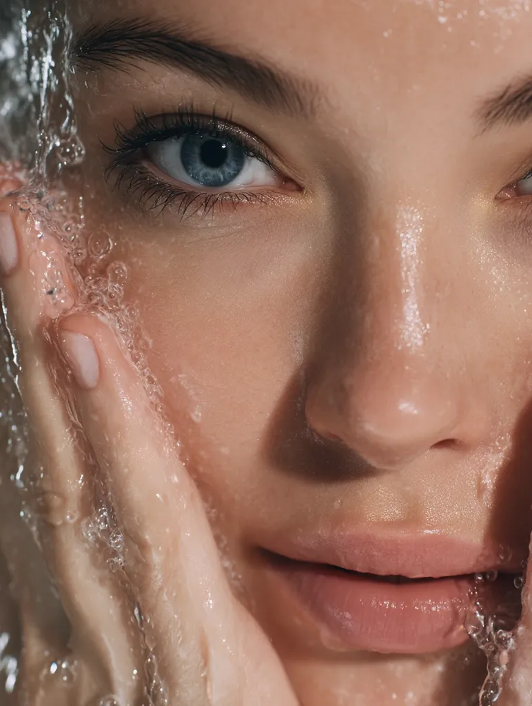 Close-up of a woman's face as she washes it with water.  Her blue eyes are partially visible, and water droplets cling to her skin.  Her hands gently cup her face, showcasing clean, radiant skin. The image emphasizes the freshness and purity associated with cleansing.