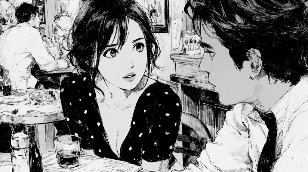 A black and white illustration depicts a young woman in a polka-dot dress, seated at a table in a cafe, engaged in conversation with a man.  The woman's expression is pensive, her gaze directed towards the man. The style is reminiscent of manga, with detailed linework and shading. The background features other patrons, suggesting a bustling atmosphere. The scene evokes a sense of intimacy and quiet contemplation.