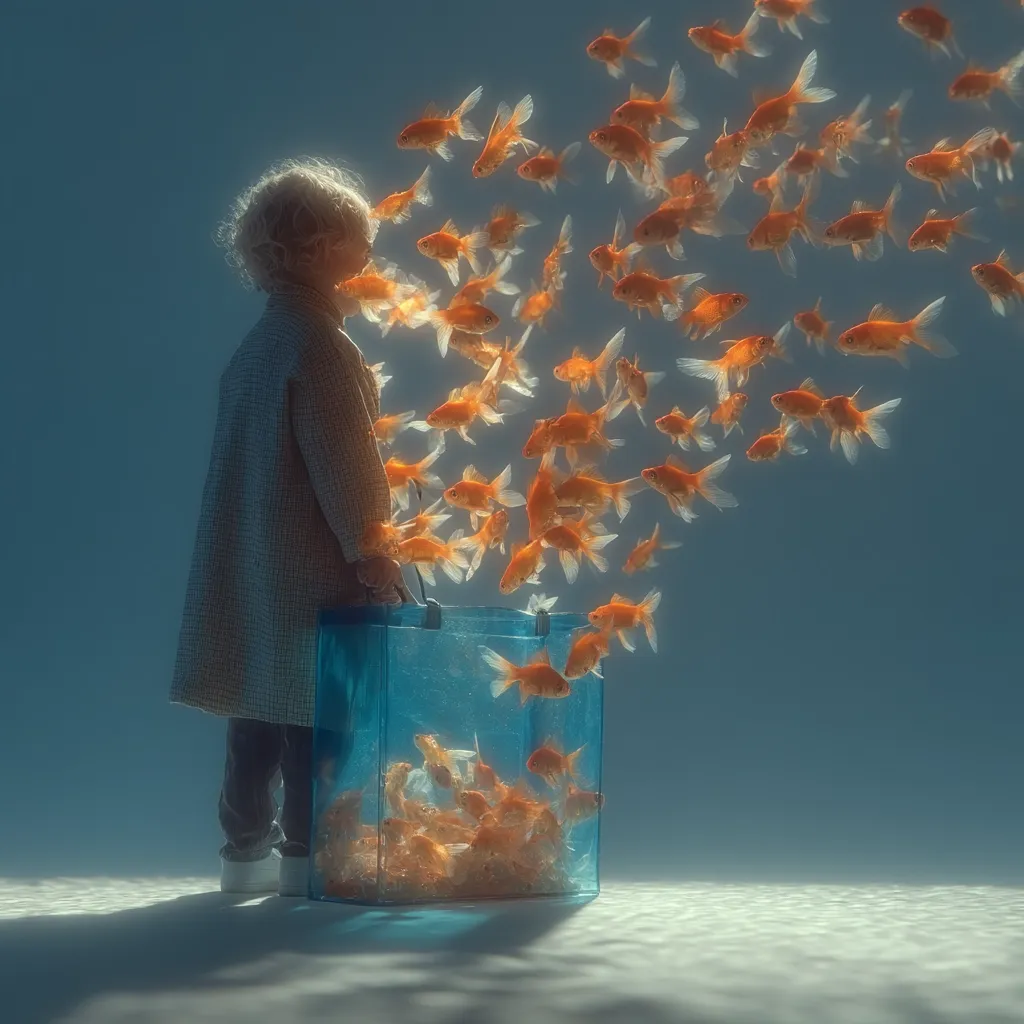 A young child with blonde hair stands facing away, holding a clear plastic bag overflowing with goldfish.  A swarm of goldfish streams from the bag and into the surrounding blue space, creating a surreal and dreamlike scene.  The child's coat and the bag's contents suggest a whimsical act of collecting or releasing the fish. The overall tone is imaginative and slightly melancholic.