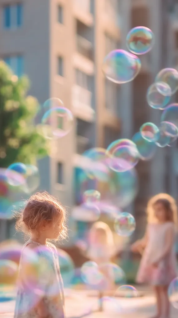 A toddler girl with curly hair stands in profile, watching iridescent soap bubbles float through the air.  Two other children, slightly out of focus, are playing nearby in front of a blurred apartment building background. The scene is bathed in warm, sunny light, creating a dreamy atmosphere. The bubbles add a magical, whimsical touch.