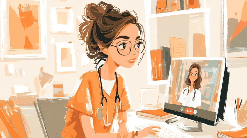 A stylized illustration depicts a female doctor in an orange scrub top and stethoscope, engaged in a video call on her computer.  The call shows another female doctor. The setting is a bright, home office with artwork on the walls. The overall style is soft, warm, and slightly whimsical.