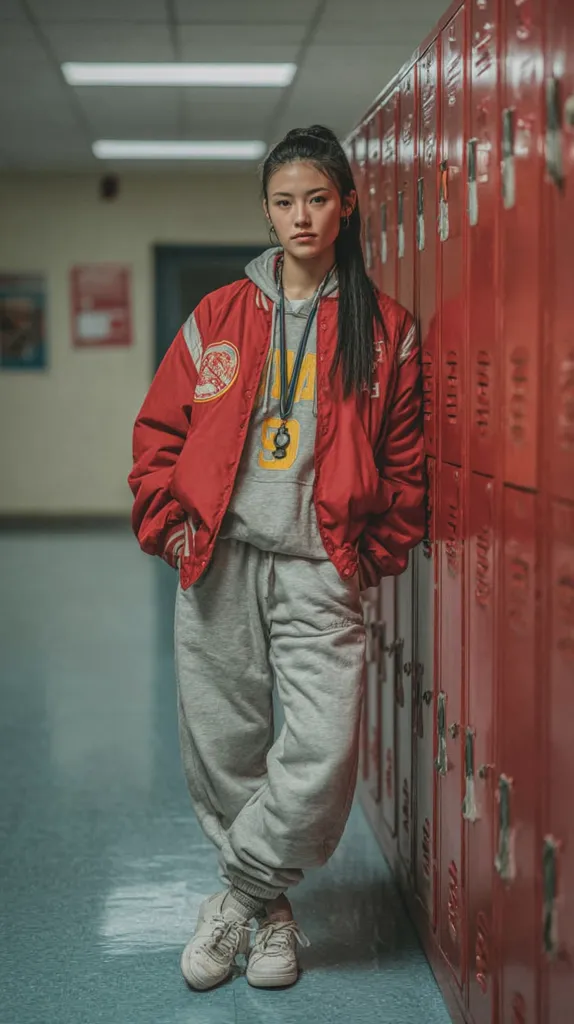 A young woman with dark hair pulled back in a ponytail stands against a row of red lockers.  She wears a red varsity jacket over a grey sweatshirt and sweatpants, and white sneakers. Her expression is serious and she looks directly at the camera. The setting appears to be a school hallway. The image has a muted color palette and a slightly vintage feel.