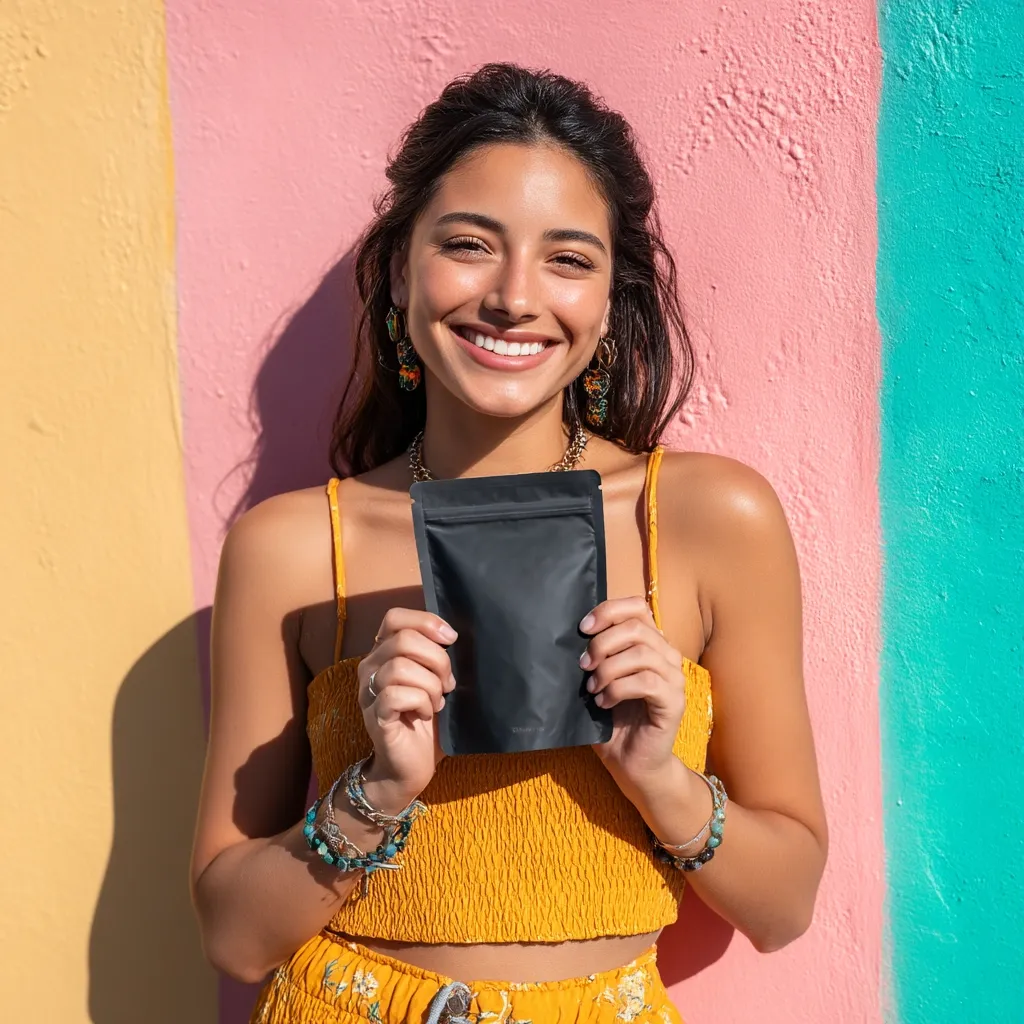 A smiling young woman with long brown hair stands against a colorful wall. She's wearing a yellow crop top and matching pants, accessorized with bracelets and earrings.  She holds a black, blank pouch in front of her, showcasing it to the camera. The vibrant background contrasts with her cheerful expression and the simple, yet striking, black packaging.