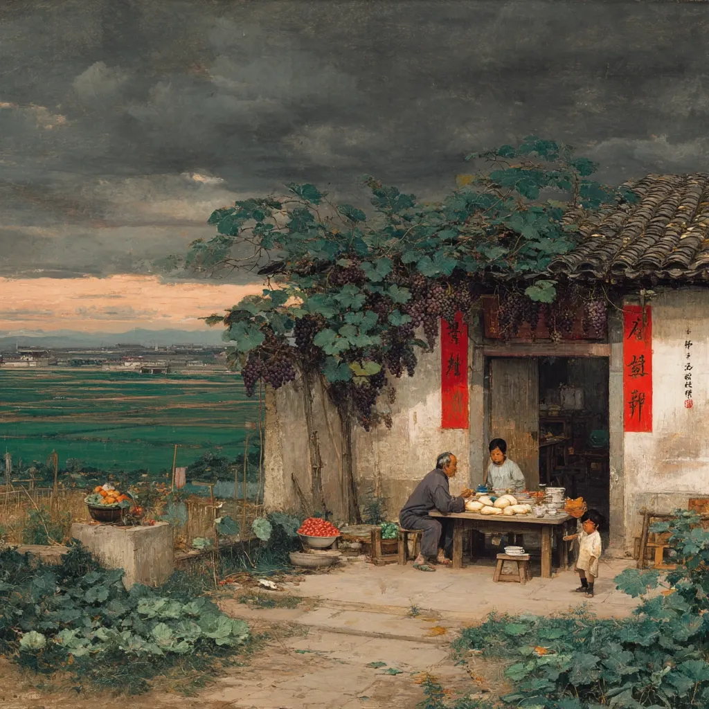 The painting depicts a tranquil scene outside a Chinese home.  Three figures sit at a table laden with food, under a grapevine-covered porch.  A young child stands nearby.  The setting is rural, with expansive farmland visible in the background under a dramatic, cloudy sky.  The overall mood is peaceful and evocative of daily life in rural China.  The style suggests a realistic representation with subtle brushstrokes.