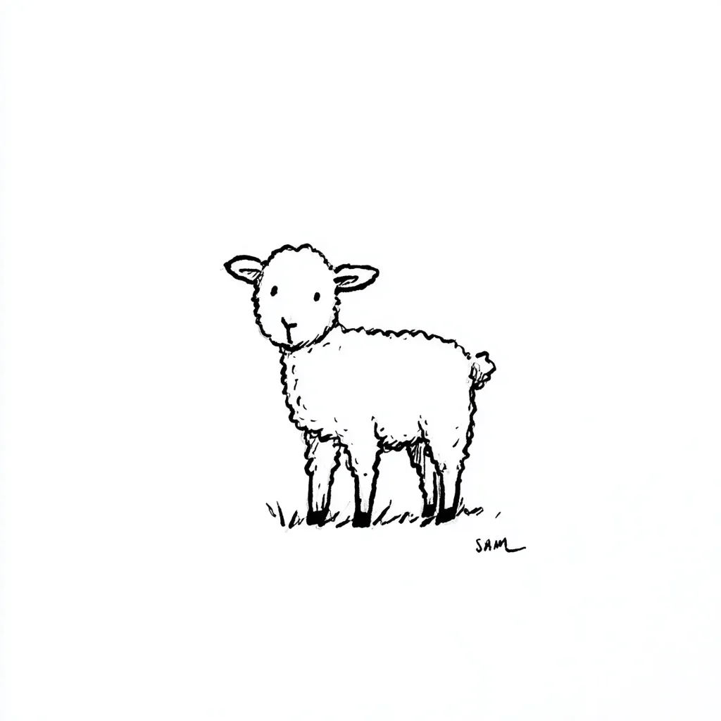 A simple line drawing of a lamb stands in a grassy field.  The lamb is depicted in a cartoonish style, with short legs and a fluffy coat. Its expression is innocent and slightly curious. The drawing is black and white, with a minimalist aesthetic.  The artist's signature, "SAM," is subtly placed in the bottom right corner.