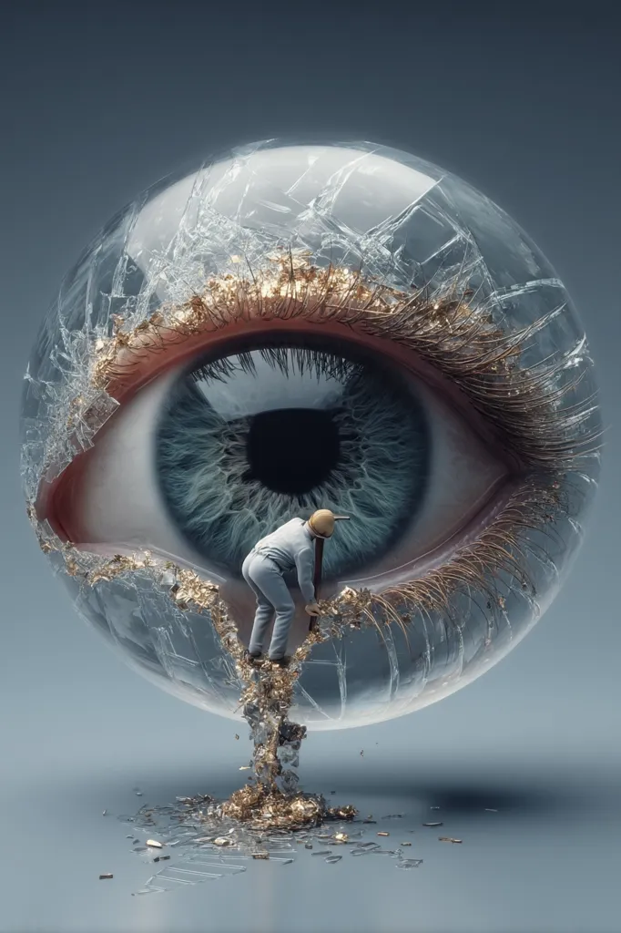A surreal digital artwork depicts a giant, shattered glass eye.  A tiny figure uses a pickaxe to chip away at the fractured surface, revealing a glittering, gold-like substance within. The eye's realistic detail contrasts with the fantastical scene, creating a powerful visual metaphor for vulnerability, introspection, or the breaking down of perception. The overall mood is somber yet intriguing.
