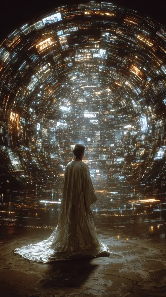 A lone figure, dressed in a flowing, light-colored robe, stands before a massive, swirling sphere.  The sphere is composed of countless smaller screens, each displaying a different image, creating a mesmerizing, futuristic display. The scene is dimly lit, casting a contemplative mood. The overall impression is one of awe and mystery, hinting at a technologically advanced, perhaps otherworldly, setting.