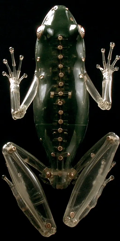 A detailed close-up reveals a meticulously crafted robotic frog.  Its body is a dark, glossy green, contrasting sharply with its transparent, articulated limbs.  Small, metallic fasteners are visible along the spine and joints, emphasizing the mechanical nature of the construction. The frog's pose suggests a lifelike posture despite its artificial composition.  The image is set against a plain black background, which highlights the intricate details.