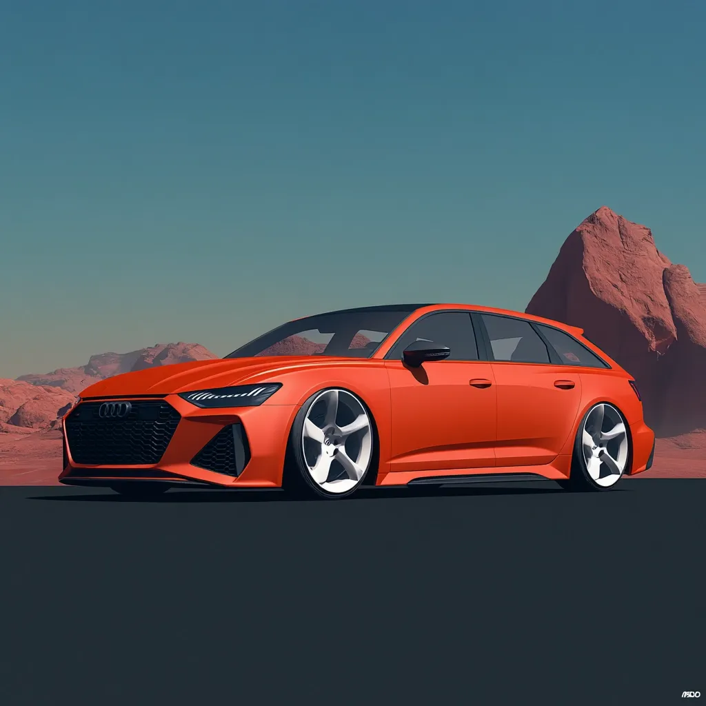 A vibrant orange Audi RS6 Avant station wagon is depicted against a dramatic desert backdrop.  The car's sleek design and sporty stance are emphasized by the contrasting landscape.  Large wheels and a low profile enhance its aggressive aesthetic. The clear sky and red rock formations create a striking contrast with the car's bright color, highlighting its modern and powerful features.
