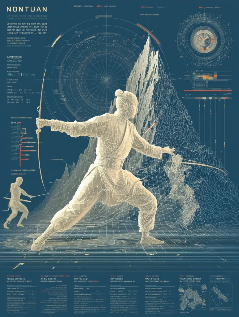 A stylized, wireframe figure of a person, possibly a warrior, is depicted in a dynamic archery pose.  The artwork is overlaid with a complex, data-rich visualization, including charts, graphs, and topographical data, creating a blend of artistic and informational elements.  The background features a mountainous landscape rendered in a similar wireframe style. The overall aesthetic is futuristic and reminiscent of technical design schematics.