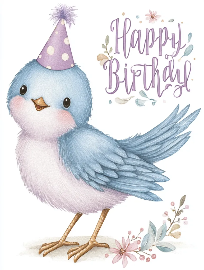 An adorable blue bird, wearing a purple polka-dotted party hat, is the centerpiece of this birthday greeting.  Surrounded by delicate watercolor flowers and leaves, the bird's fluffy feathers and cheerful expression create a sweet and charming image.  The words "Happy Birthday" are elegantly scripted in lavender, completing the festive design.