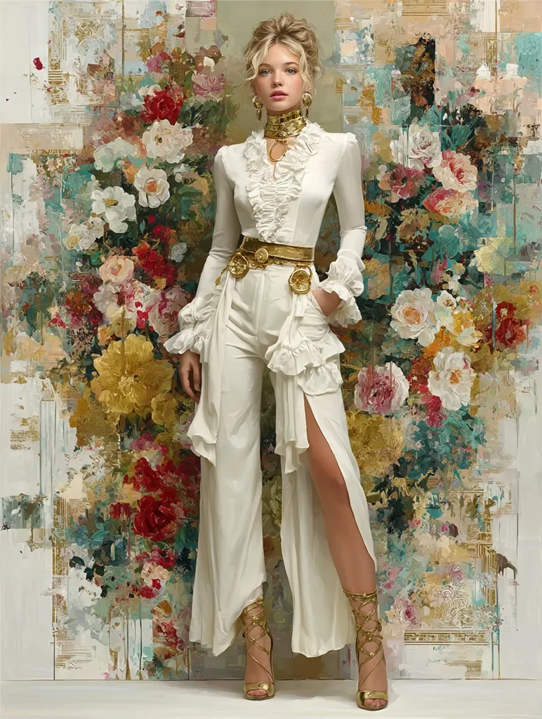 A blonde woman in a white ruffled jumpsuit and gold accessories stands before a vibrant floral backdrop.  The jumpsuit features a wide-leg design with a high waist and a leg slit. Her gold jewelry includes a choker necklace and a wide belt. The background is a large, impressionistic painting of colorful roses and other blooms.  She wears gold strappy heels.