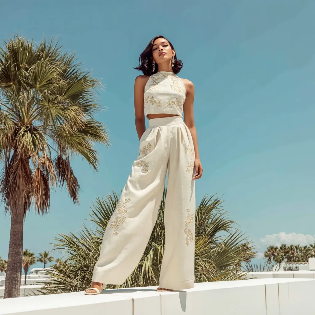 A fashion model with short dark hair and gold earrings poses against a bright blue sky and palm trees. She wears a stylish cream-colored two-piece outfit: a halter crop top and wide-legged palazzo pants, both delicately embroidered with gold floral designs.  The linen-like fabric and relaxed silhouette create a sophisticated summer look.  The model's confident pose emphasizes the elegance of the ensemble.