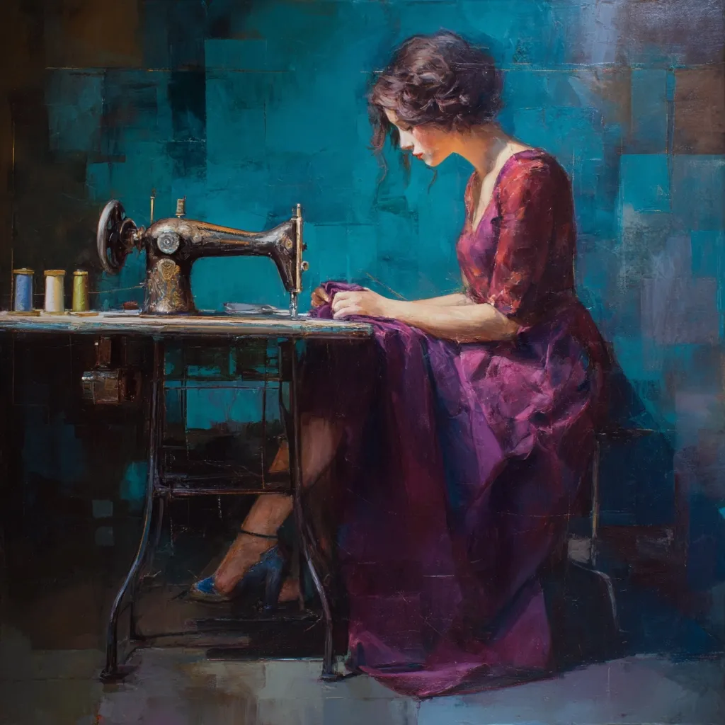 A woman in a burgundy dress sits at an antique sewing machine, meticulously working on a piece of fabric.  The teal-toned background creates a moody atmosphere, enhancing the painting's nostalgic feel.  The artist's loose brushstrokes add texture and depth, emphasizing the woman's focused concentration and the rich colors of her attire and the old sewing machine. Spools of thread are visible on the table.
