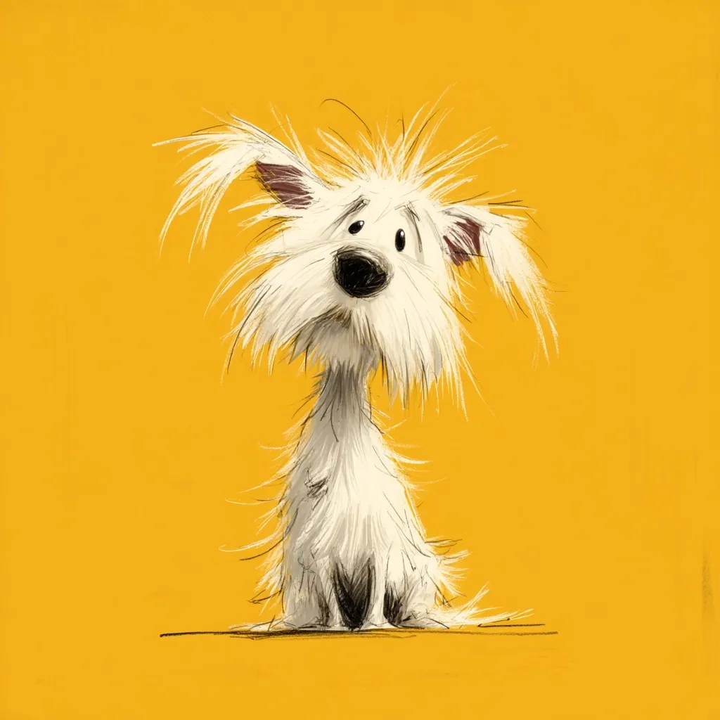 A whimsical illustration features a fluffy white dog sitting against a vibrant yellow background.  The dog's fur is depicted with a textured, slightly unkempt style, giving it a charmingly scruffy appearance. Its large, expressive eyes and slightly tilted head convey a curious and endearing personality. The overall style is cartoonish and playful.