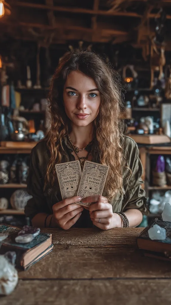 A young woman with long, wavy brown hair sits at a rustic wooden table in a dimly lit shop.  She holds two small, antique-looking cards, possibly divination tools, in her hands.  The shop's background is filled with shelves stocked with crystals, books, and other mystical items, creating an atmosphere of mystery and enchantment.  She gazes directly at the viewer with a serene expression.