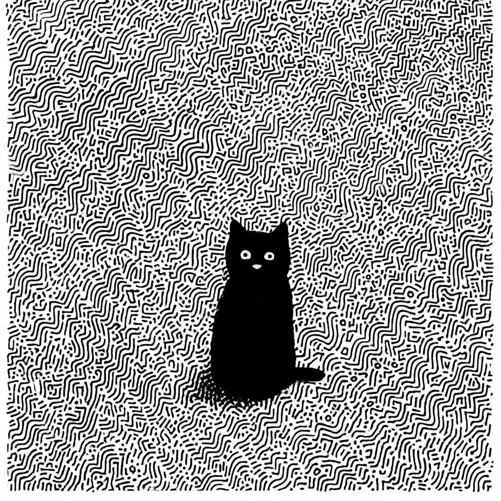 A black cat sits serenely in the center of a monochrome illustration.  The cat is rendered simply, while the background is filled with a dense, intricate pattern of swirling, interconnected lines, creating a mesmerizing, almost hypnotic effect.  The stark contrast between the solid black cat and the detailed white-and-black background draws the viewer's eye. The artwork's style is reminiscent of a child's drawing, yet sophisticated in its execution.