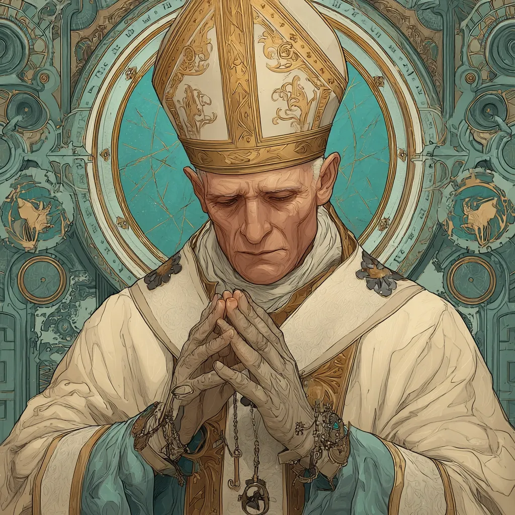 A detailed illustration depicts an elderly man, possibly a cardinal or pope, in prayer. He wears ornate, gold-trimmed vestments and a papal mitre. His hands are clasped in front of him, adorned with intricate jewelry. The background features a cracked, teal circular design within a complex, steampunk-inspired frame, suggesting a blend of religious and technological elements.  The overall style is reminiscent of Art Nouveau or fantasy art.