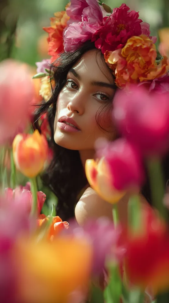 A young woman with dark hair wears a vibrant floral crown of pink, orange, and red blossoms.  Her face, partially obscured by tulips, is soft and luminous, highlighted by natural sunlight.  The image is a close-up, emphasizing the contrast between her complexion and the rich colors of the surrounding flowers, creating a dreamy, ethereal mood.  The overall effect is one of springtime beauty and natural grace.