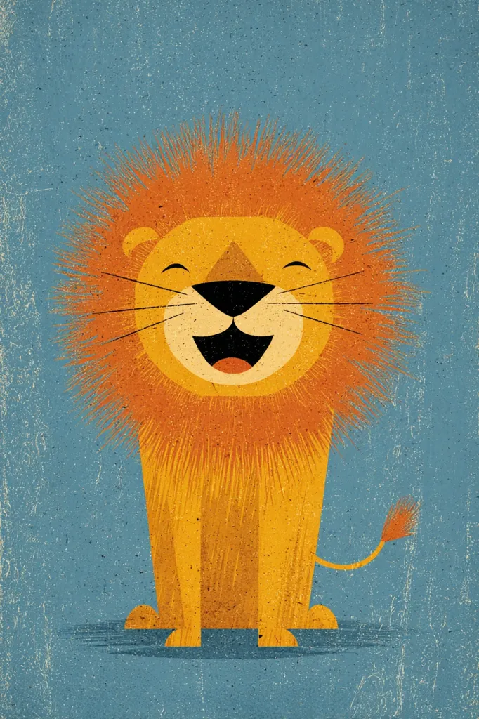 A stylized illustration of a cheerful lion. The lion is depicted with a vibrant orange mane, a simple, happy face, and a small tail.  The background is a textured, muted blue, giving the image a vintage or rustic feel. The lion's broad smile and overall design convey a sense of playful innocence.
