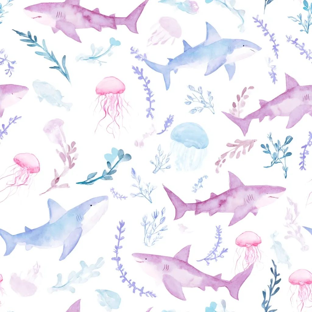 A watercolor seamless pattern features pastel-colored sharks and jellyfish swimming amongst delicate sea plants.  Purple and blue sharks in various sizes are interspersed with pink, light blue, and purple jellyfish.  Subtle aquatic plants add to the underwater scene, creating a charming and whimsical design.  The white background enhances the vibrant colors of the marine life.