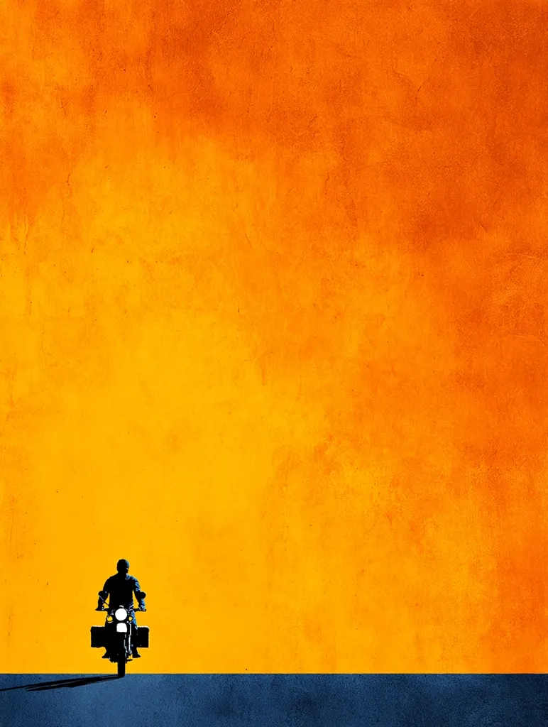 A lone figure on a motorcycle rides towards the viewer against a vibrant orange backdrop.  The silhouette is stark against the textured, sunset-hued background, creating a minimalist and evocative image. The road ahead is a thin band of dark blue, suggesting a journey into the unknown.  The overall feeling is one of adventure and solitude.