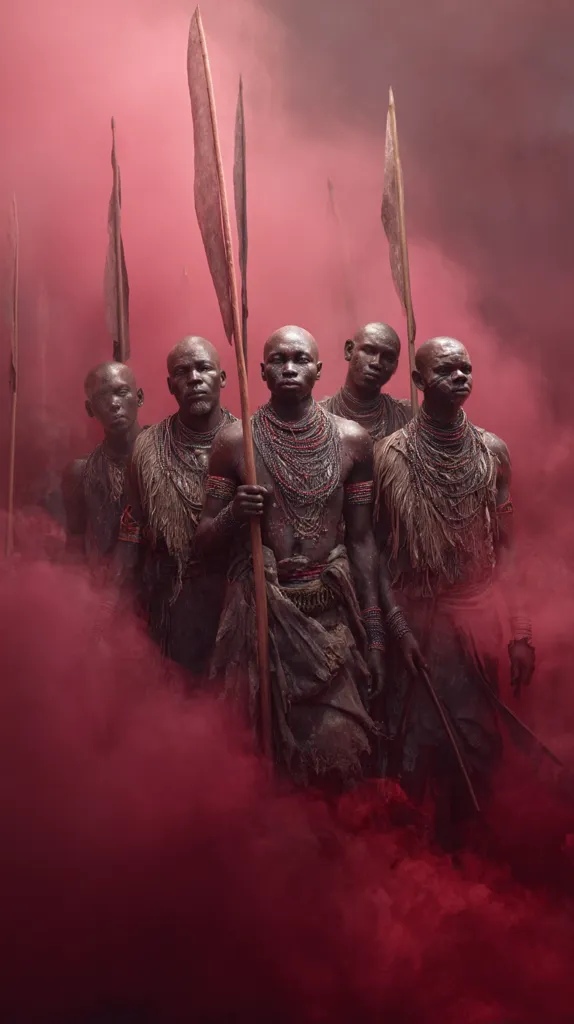 A group of dark-skinned men, adorned in tribal attire and necklaces, stand shoulder to shoulder amidst a crimson smoke cloud.  They hold long spears or staffs, their faces stoic. The scene is dramatic and evocative, possibly depicting a ritual or a moment of solemn significance.  The red smoke adds an intense and mystical atmosphere.